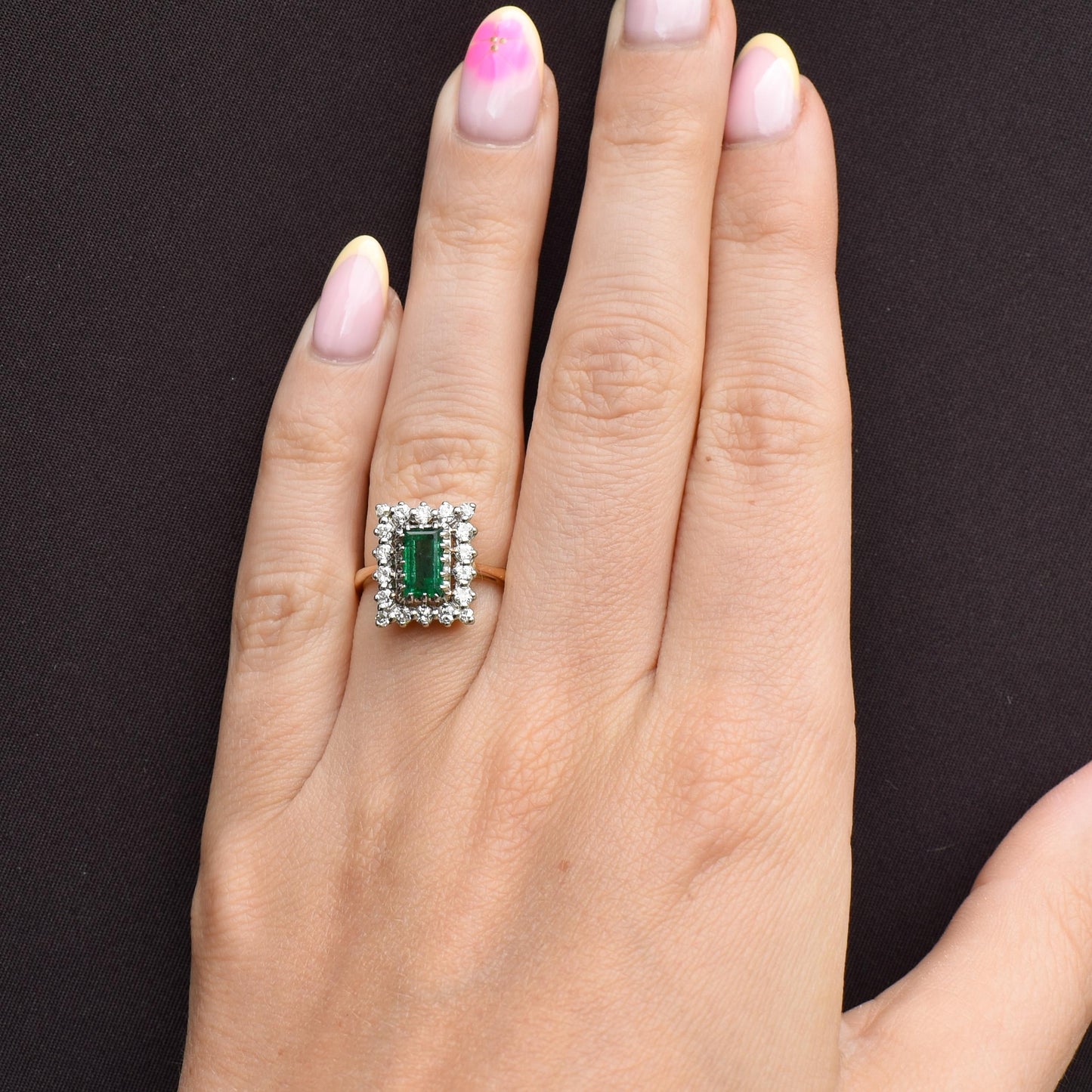 Vintage Natural Emerald and Diamond Halo 18ct Gold Ring
