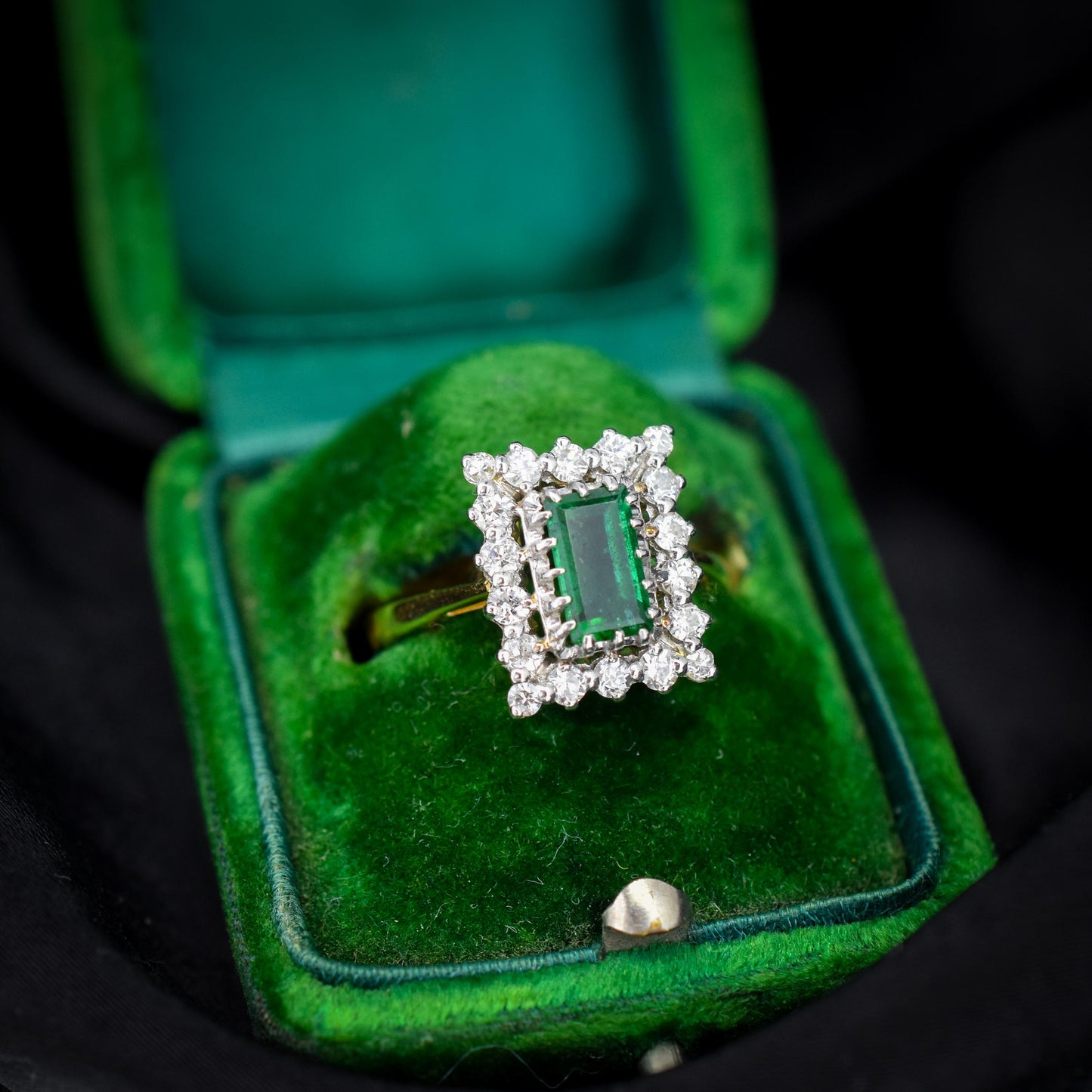 Vintage Natural Emerald and Diamond Halo 18ct Gold Ring