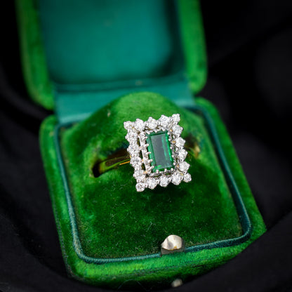 Vintage Natural Emerald and Diamond Halo 18ct Gold Ring
