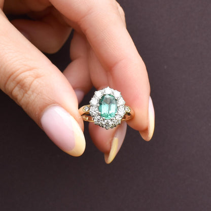 Natural Emerald and Diamond Oval Cluster Halo 18ct Yellow Gold Ring