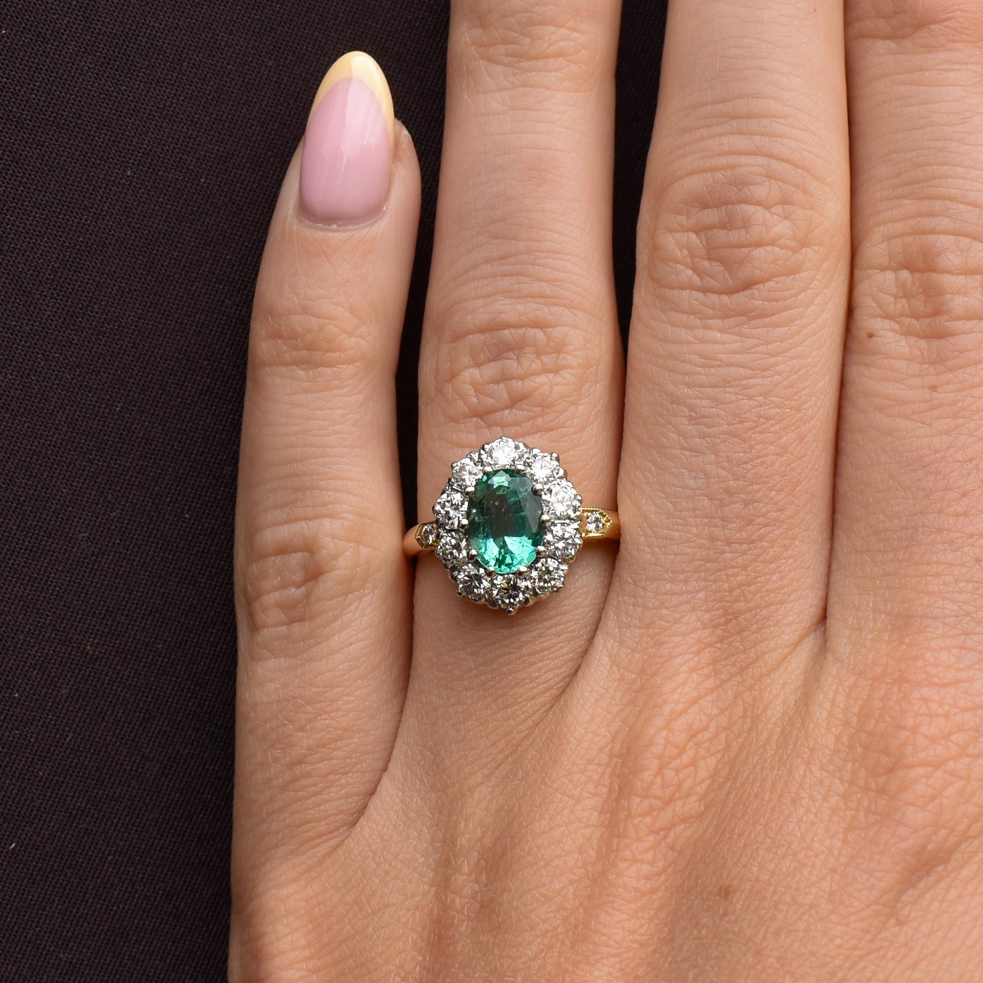 Natural Emerald and Diamond Oval Cluster Halo 18ct Yellow Gold Ring