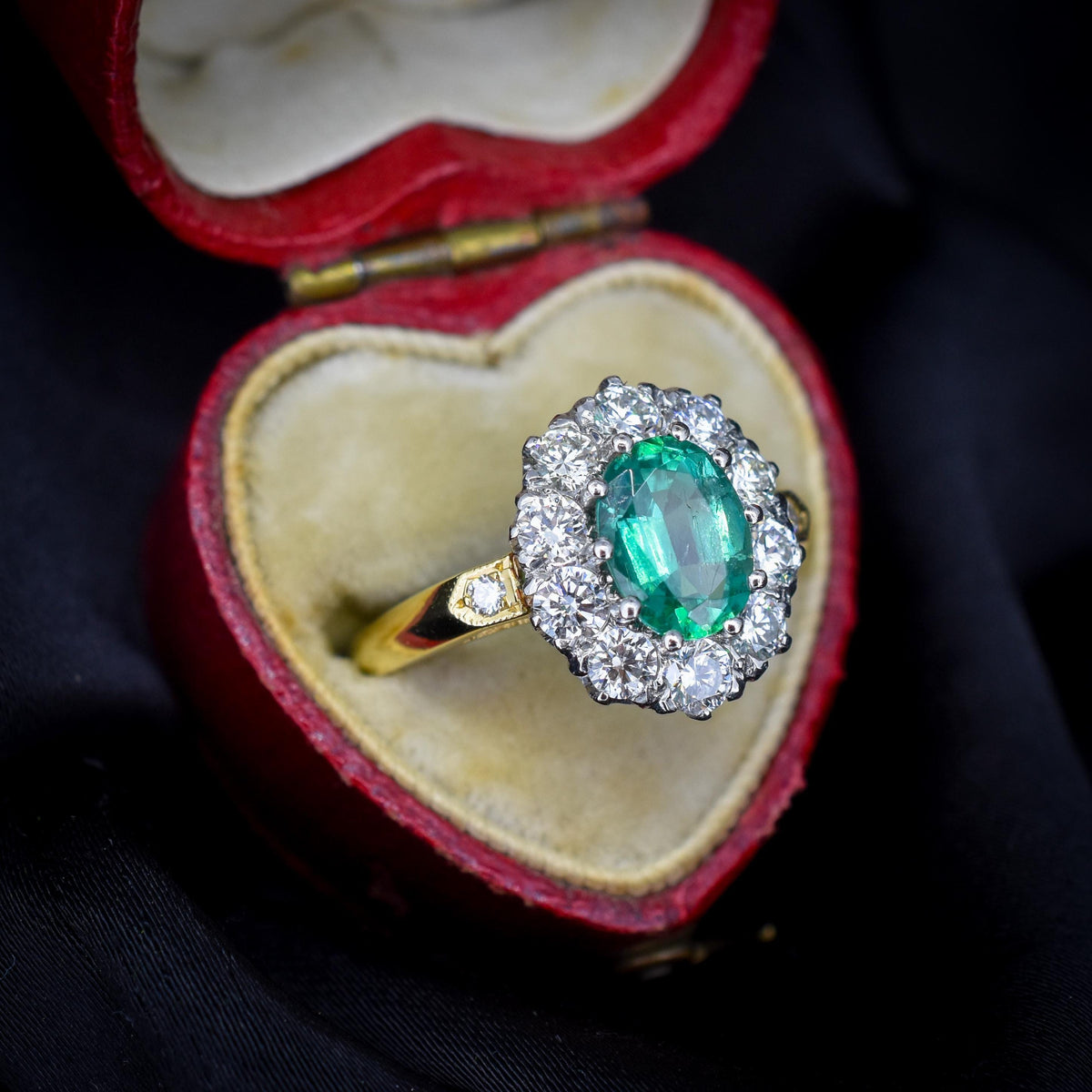 Natural Emerald and Diamond Oval Cluster Halo 18ct Yellow Gold Ring