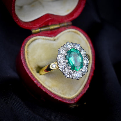 Natural Emerald and Diamond Oval Cluster Halo 18ct Yellow Gold Ring