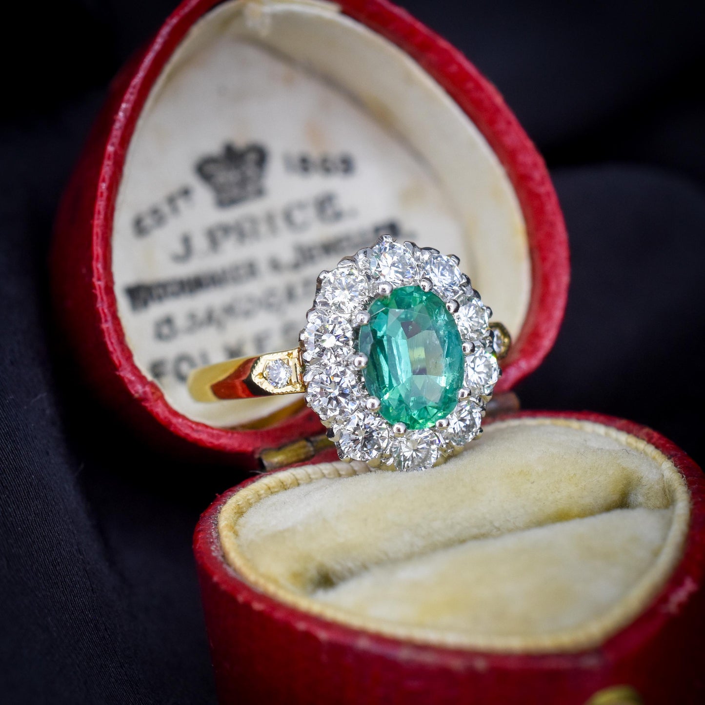 Natural Emerald and Diamond Oval Cluster Halo 18ct Yellow Gold Ring