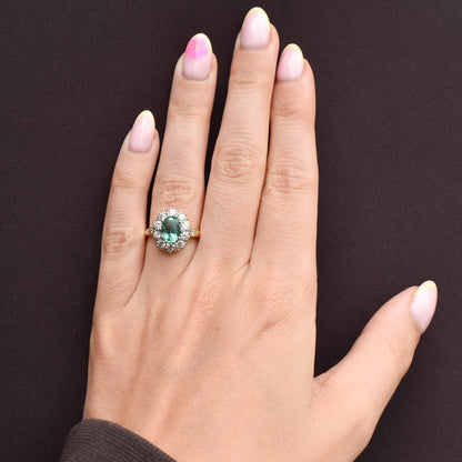 Natural Emerald and Diamond Oval Cluster Halo 18ct Yellow Gold Ring