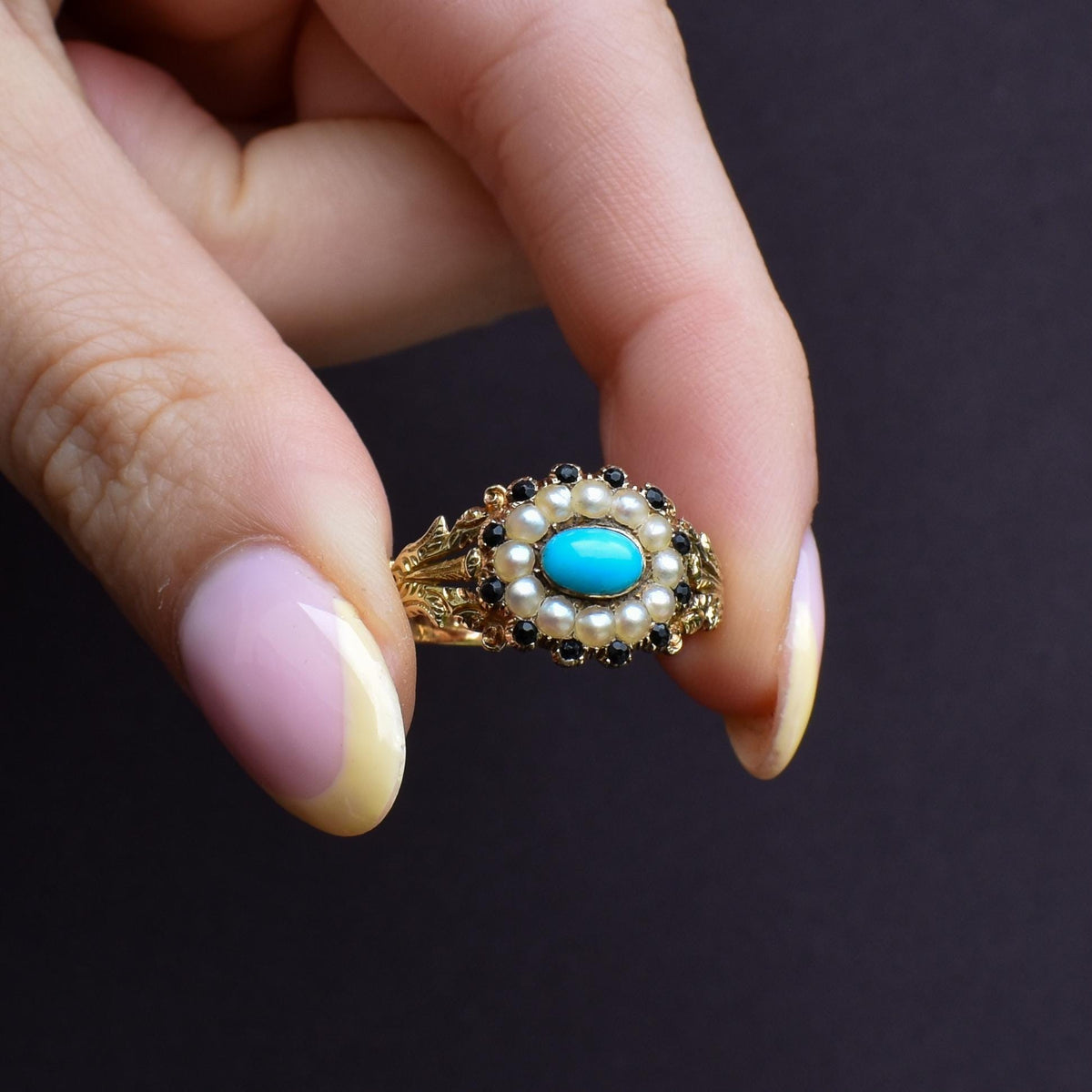 Antique '1824' Georgian Turquoise and Pearl 18ct Gold Mourning Ring