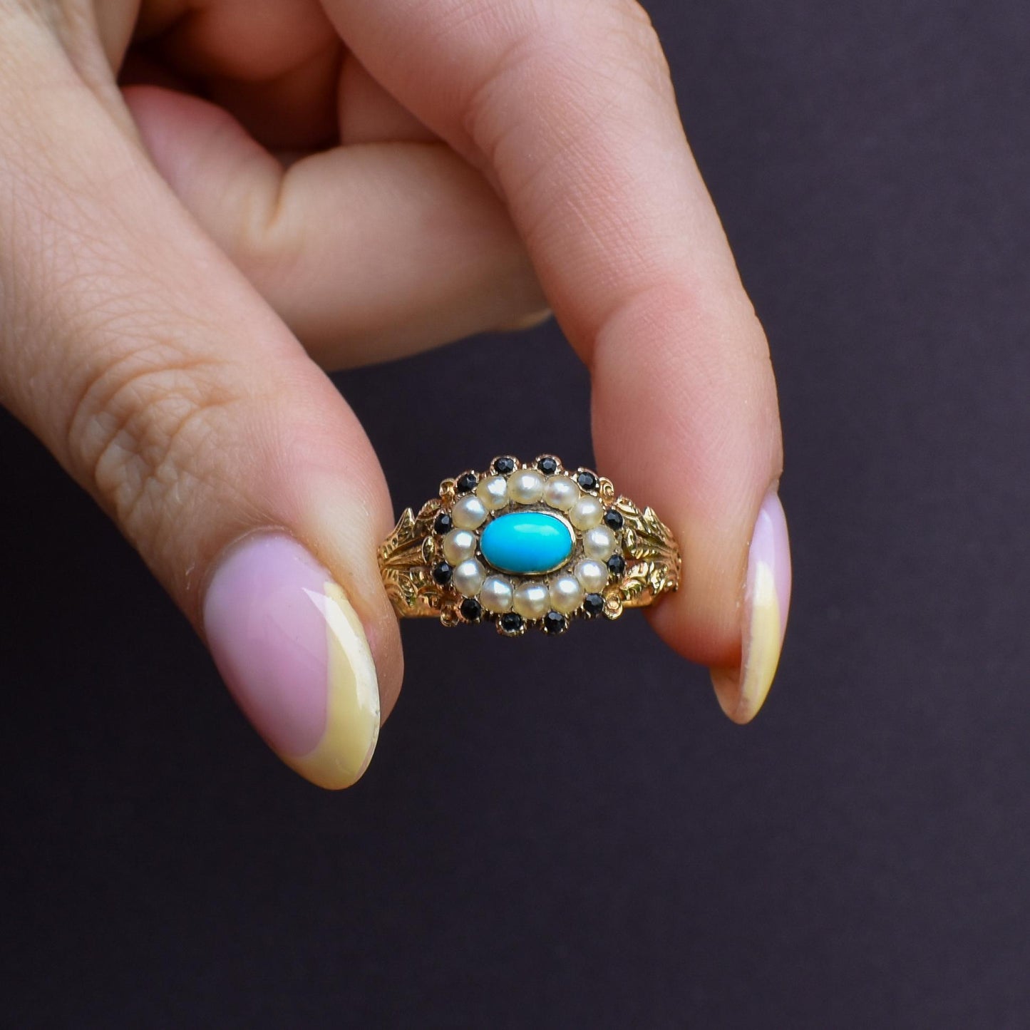 Antique '1824' Georgian Turquoise and Pearl 18ct Gold Mourning Ring