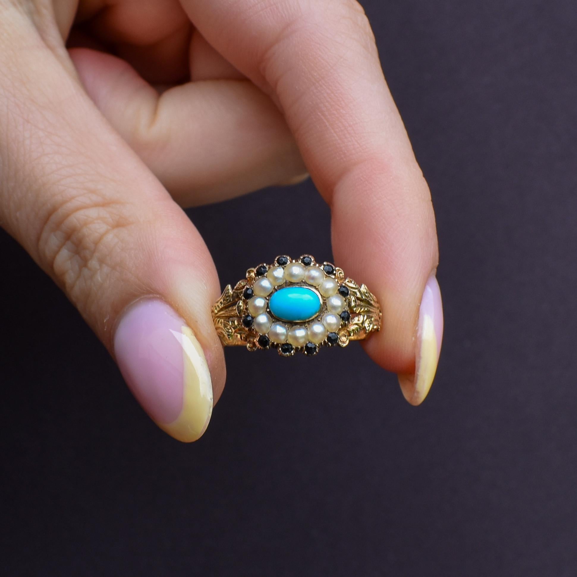 Antique '1824' Georgian Turquoise and Pearl 18ct Gold Mourning Ring