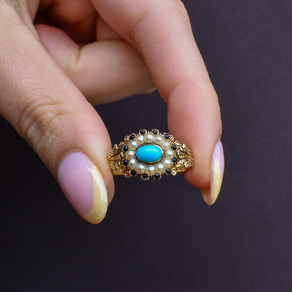 Antique '1824' Georgian Turquoise and Pearl 18ct Gold Mourning Ring