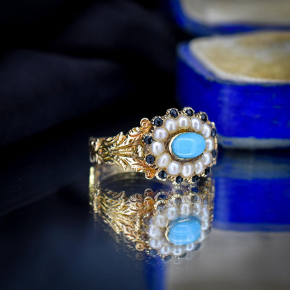 Antique '1824' Georgian Turquoise and Pearl 18ct Gold Mourning Ring