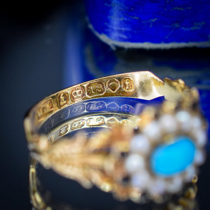 Antique '1824' Georgian Turquoise and Pearl 18ct Gold Mourning Ring
