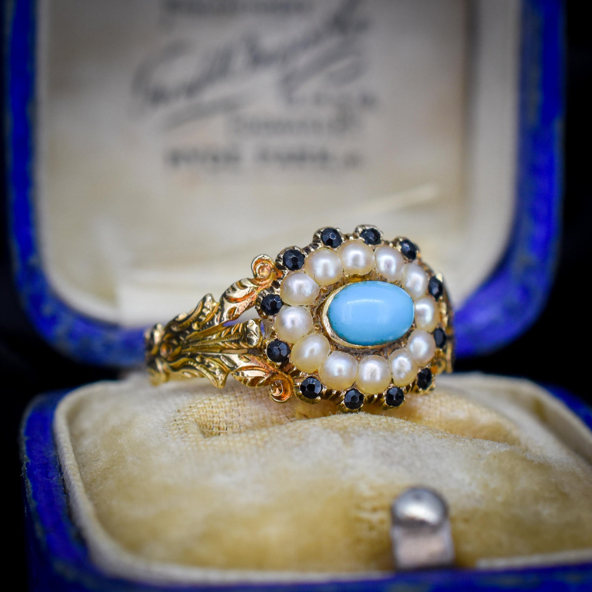 Antique '1824' Georgian Turquoise and Pearl 18ct Gold Mourning Ring