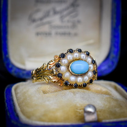 Antique '1824' Georgian Turquoise and Pearl 18ct Gold Mourning Ring
