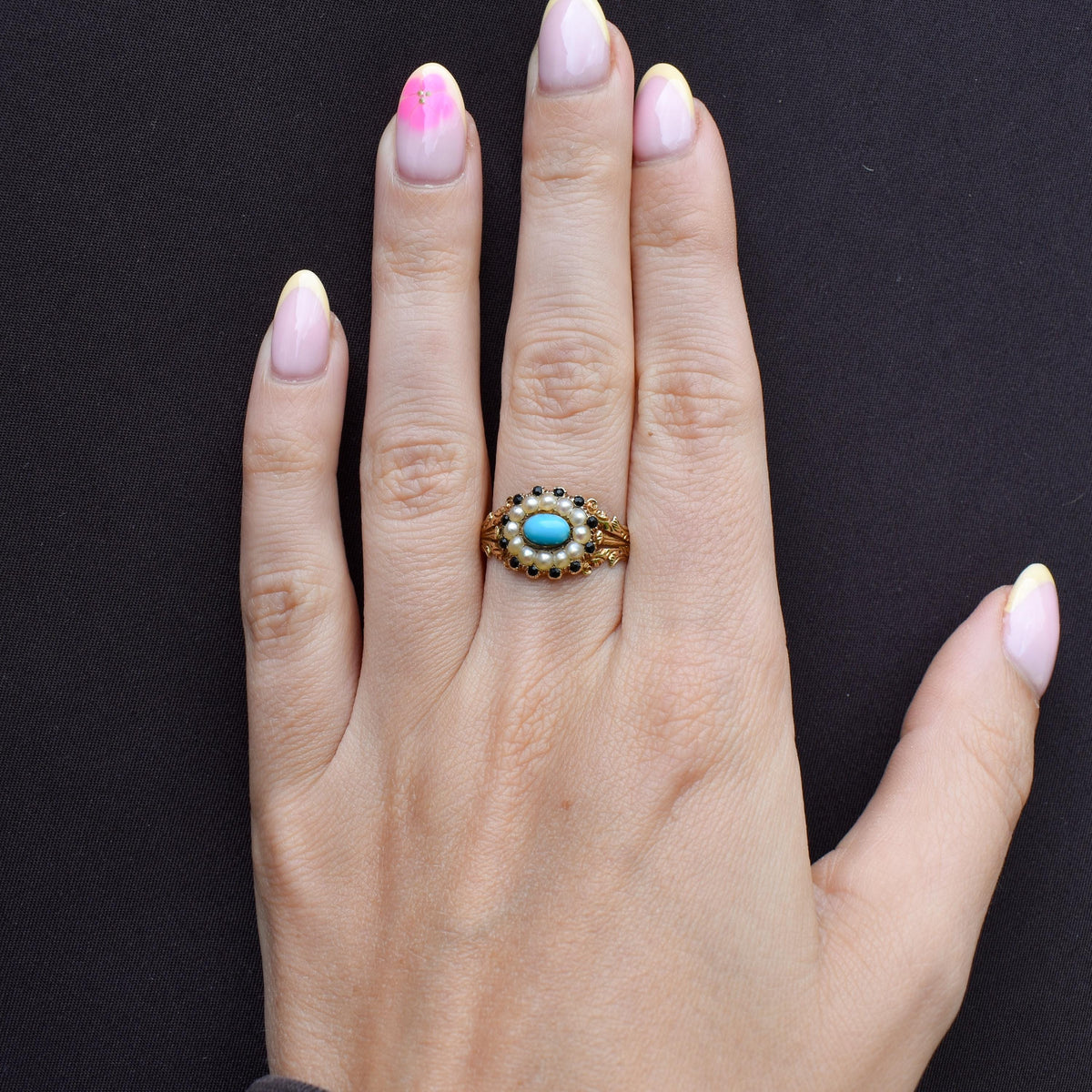 Antique '1824' Georgian Turquoise and Pearl 18ct Gold Mourning Ring