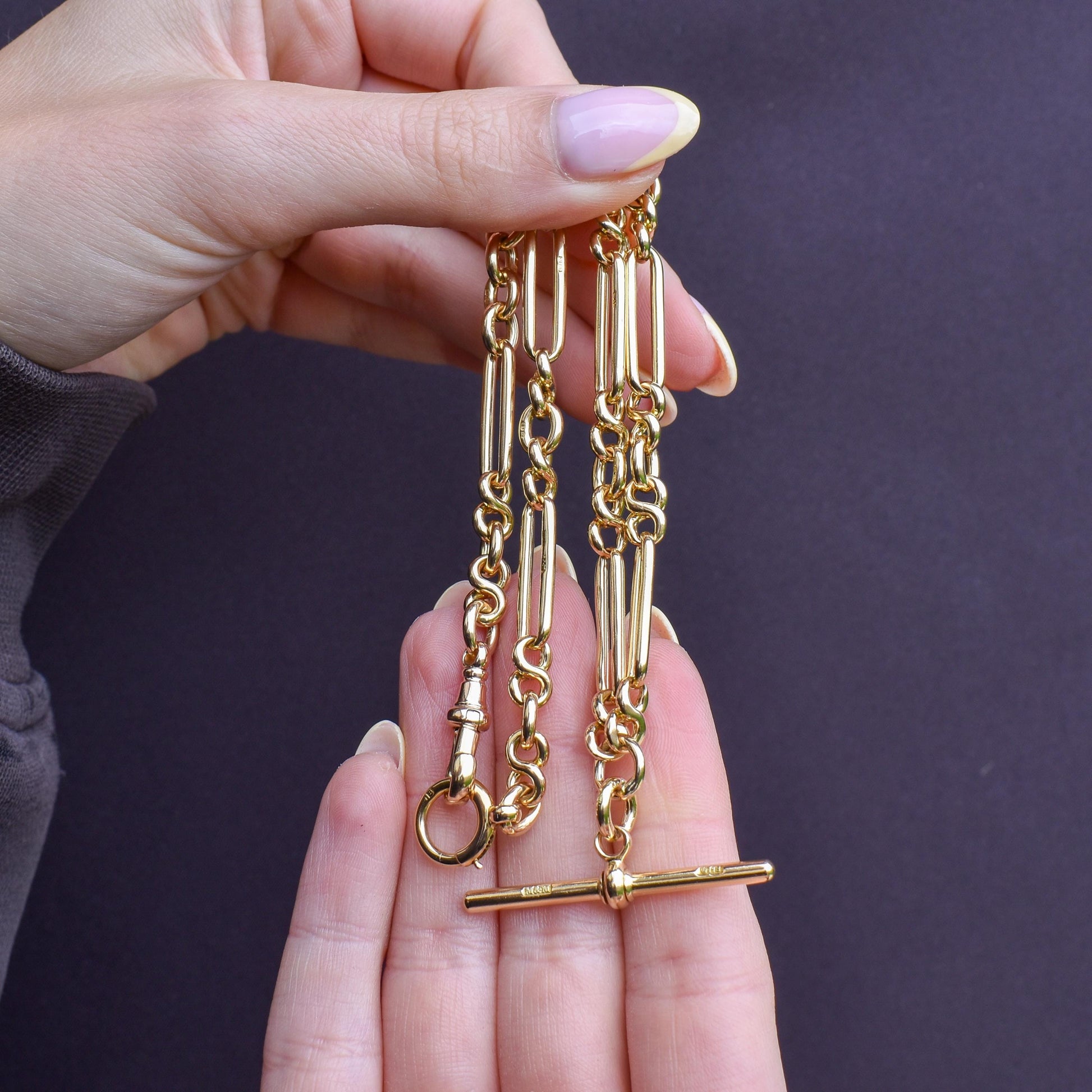 Antique 18ct Yellow Gold Trombone Watch Chain Necklace | 14.75"