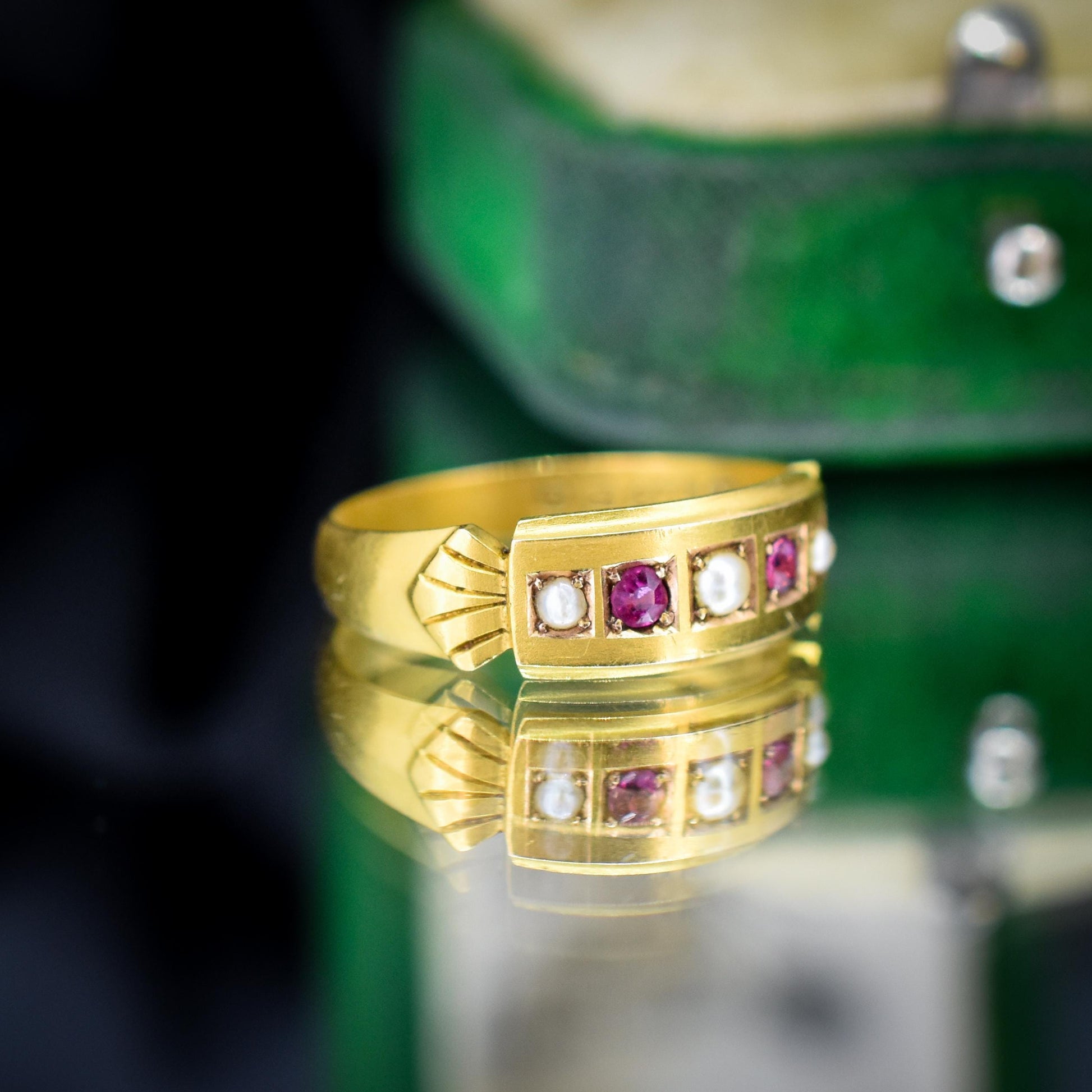 Antique Edwardian Ruby and Pearl 15ct Gold Band Ring - Dated 1903
