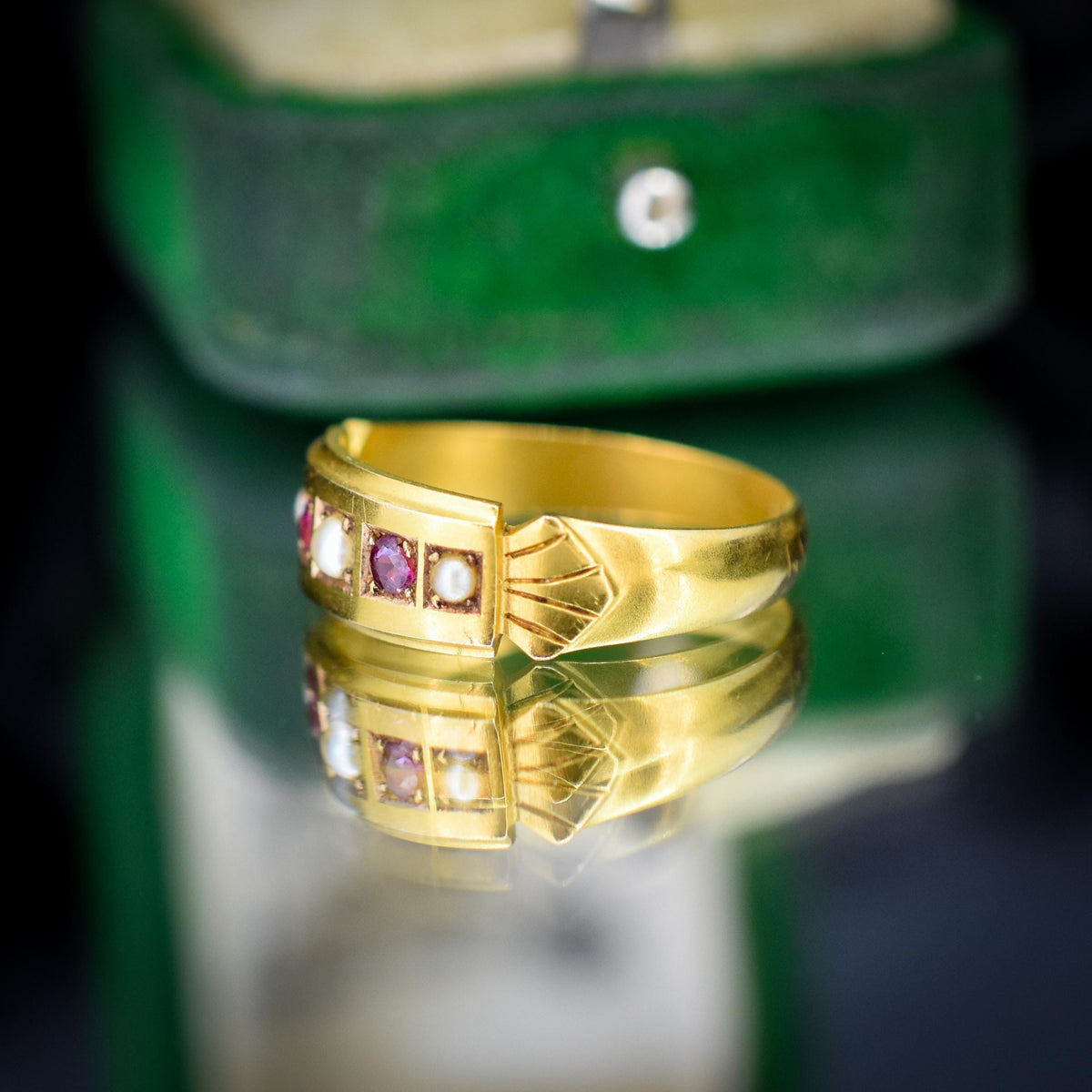 Antique Edwardian Ruby and Pearl 15ct Gold Band Ring - Dated 1903