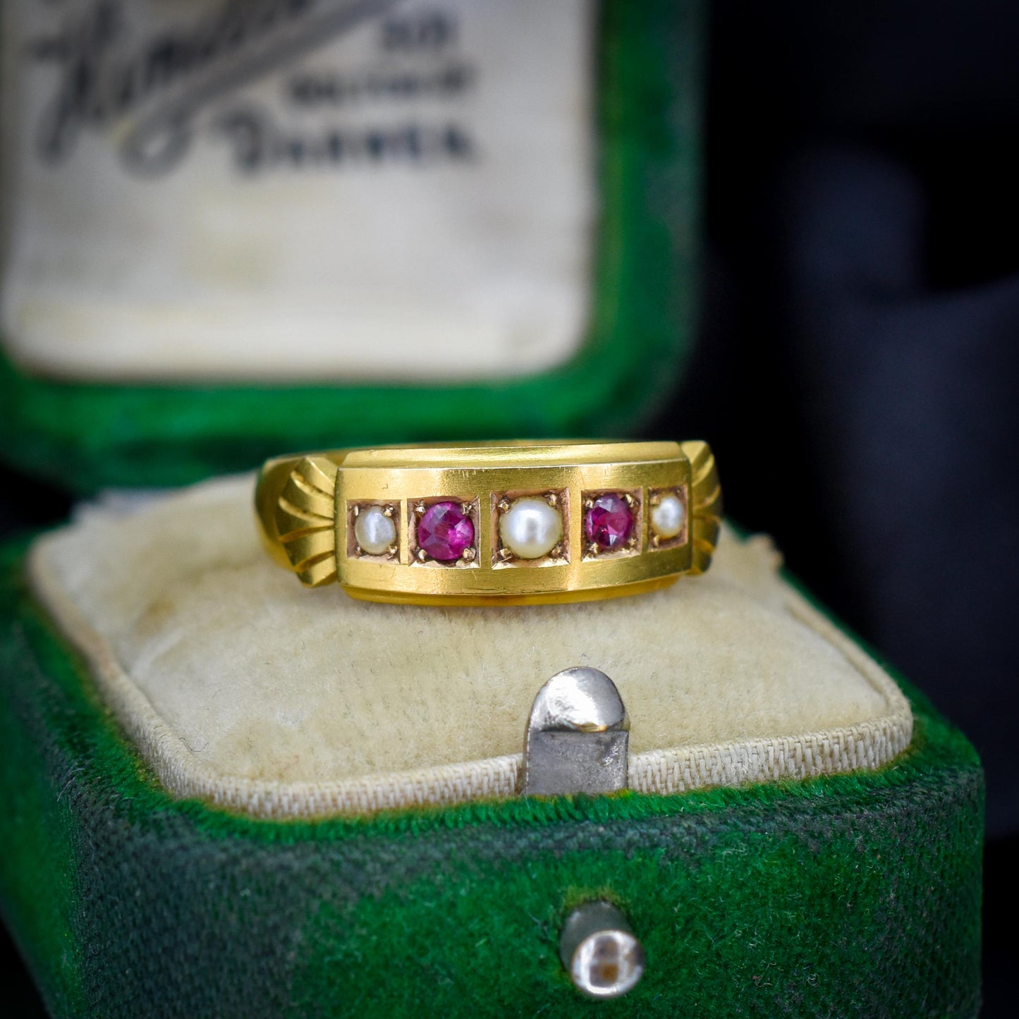 Antique Edwardian Ruby and Pearl 15ct Gold Band Ring - Dated 1903