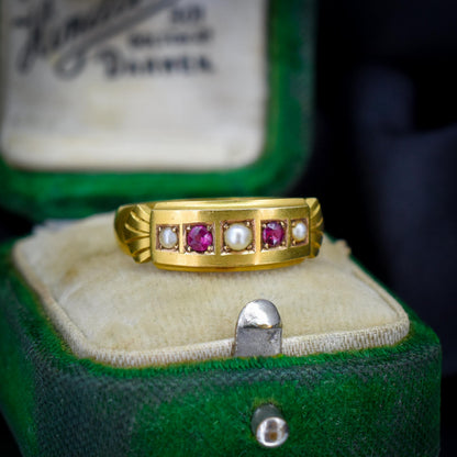 Antique Edwardian Ruby and Pearl 15ct Gold Band Ring - Dated 1903