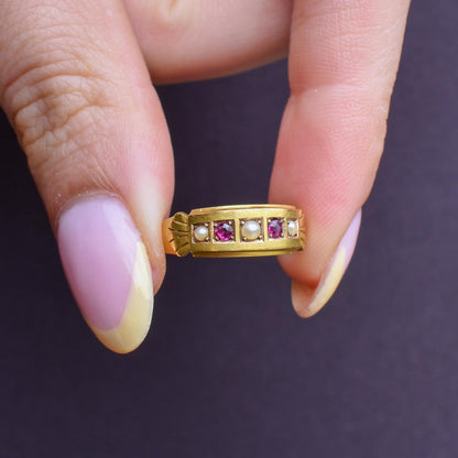 Antique Edwardian Ruby and Pearl 15ct Gold Band Ring - Dated 1903