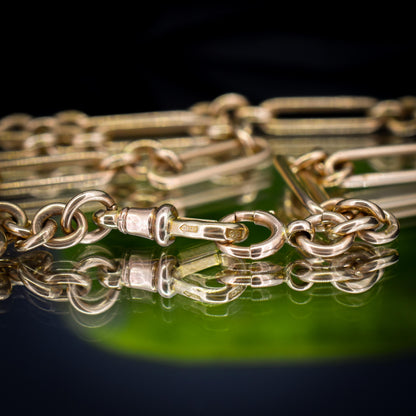 Art Deco '1929' 9ct Gold Trombone Paperlink Link Albert Watch Chain Necklace | 14.75"