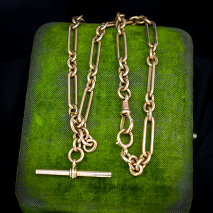 Art Deco '1929' 9ct Gold Trombone Paperlink Link Albert Watch Chain Necklace | 14.75"
