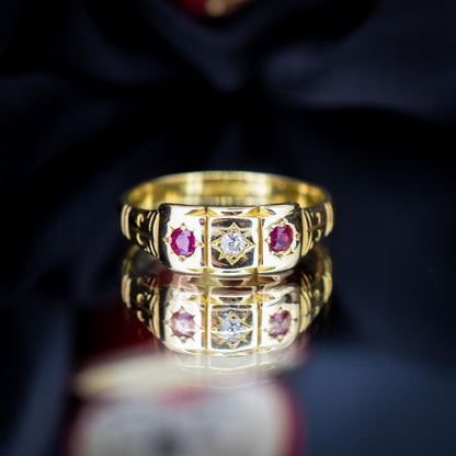 Antique Ruby and Diamond 18ct Yellow Gold Three Stone Starburst Gypsy Ring