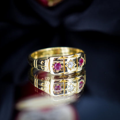 Antique Ruby and Diamond 18ct Yellow Gold Three Stone Starburst Gypsy Ring