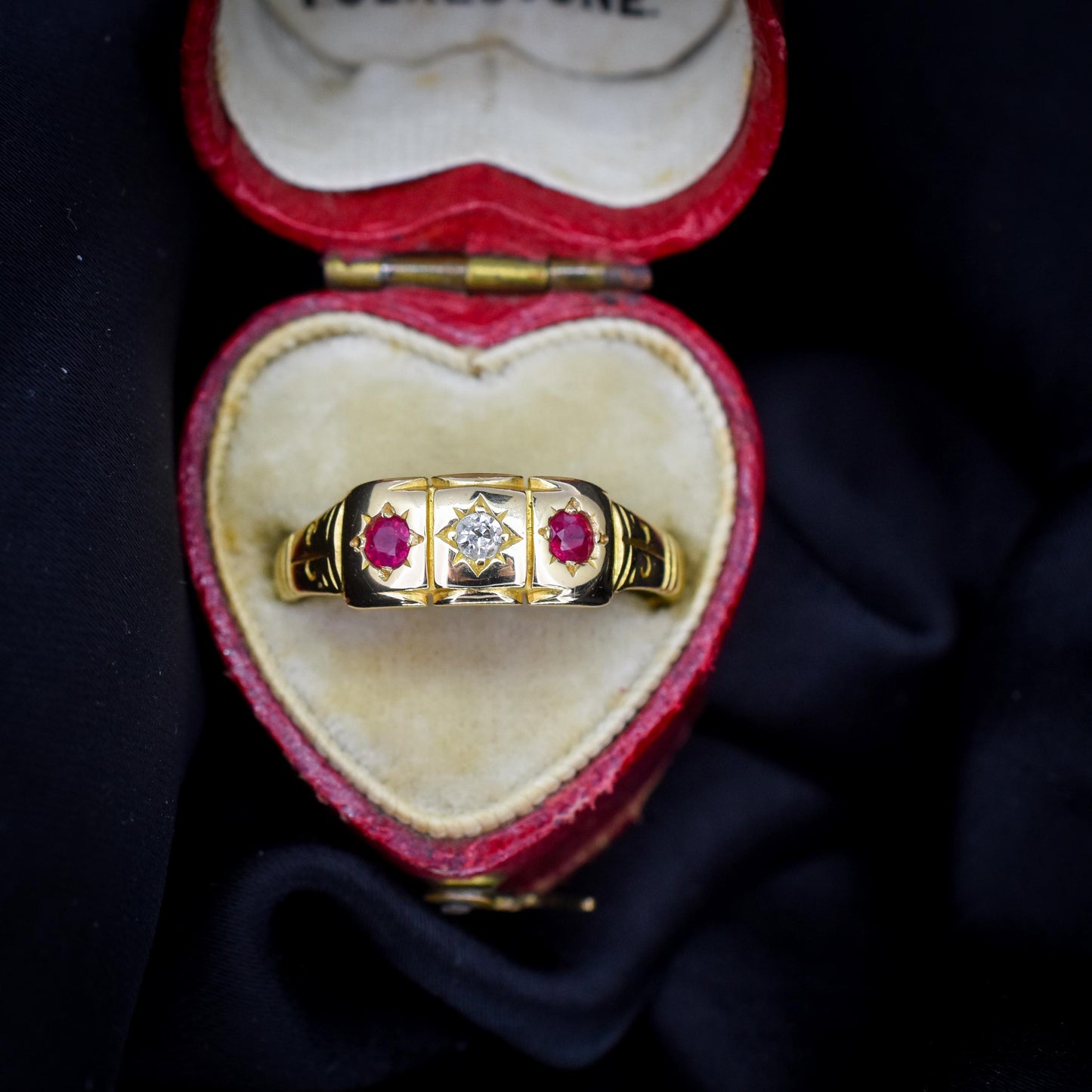 Antique Ruby and Diamond 18ct Yellow Gold Three Stone Starburst Gypsy Ring