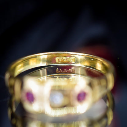 Antique Ruby and Diamond 18ct Yellow Gold Three Stone Starburst Gypsy Ring