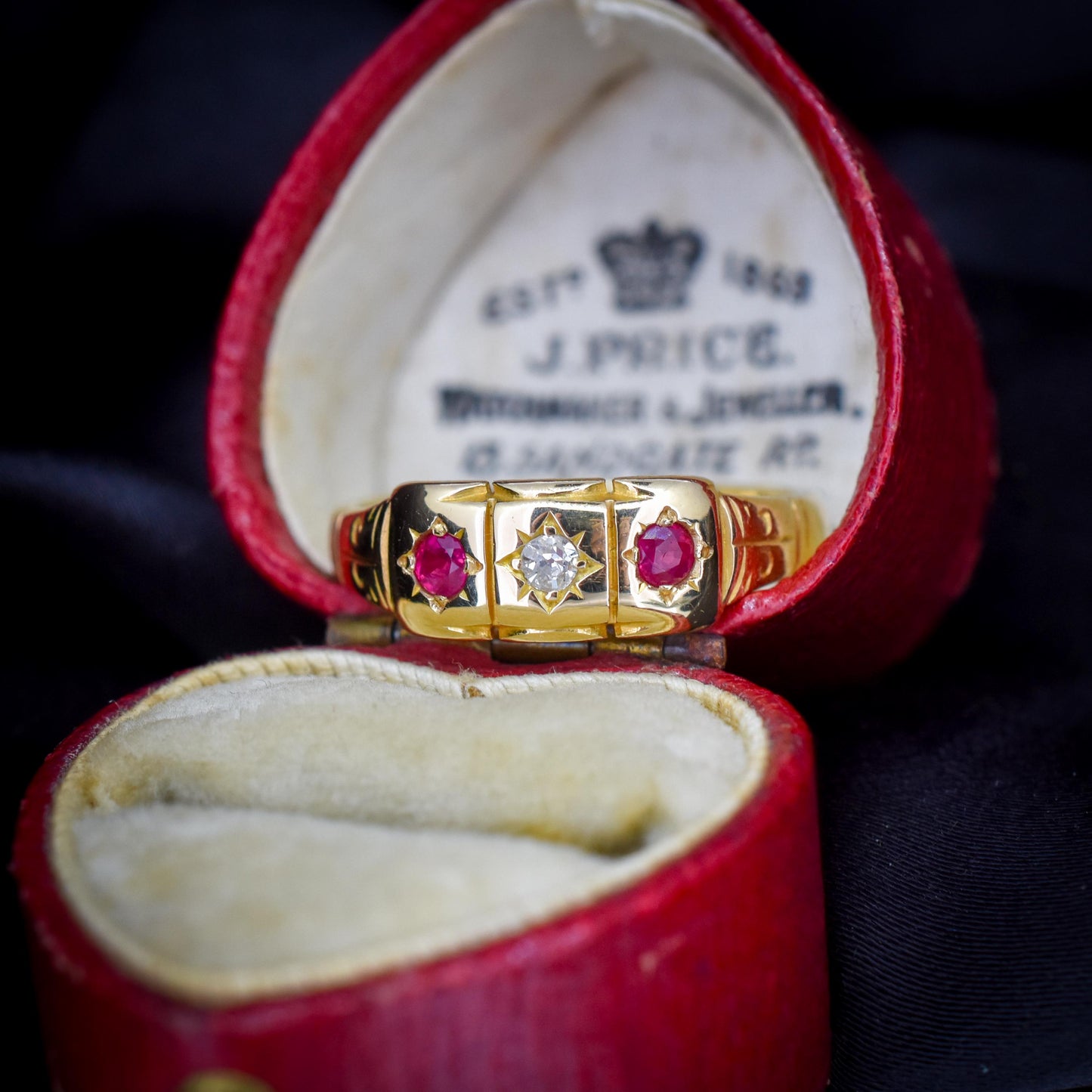 Antique Ruby and Diamond 18ct Yellow Gold Three Stone Starburst Gypsy Ring