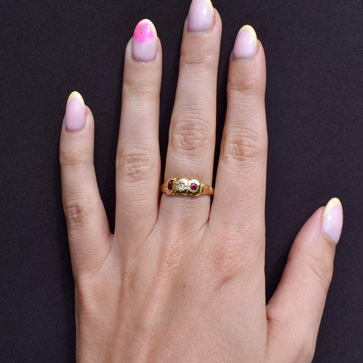 Antique Ruby and Diamond 18ct Yellow Gold Three Stone Starburst Gypsy Ring