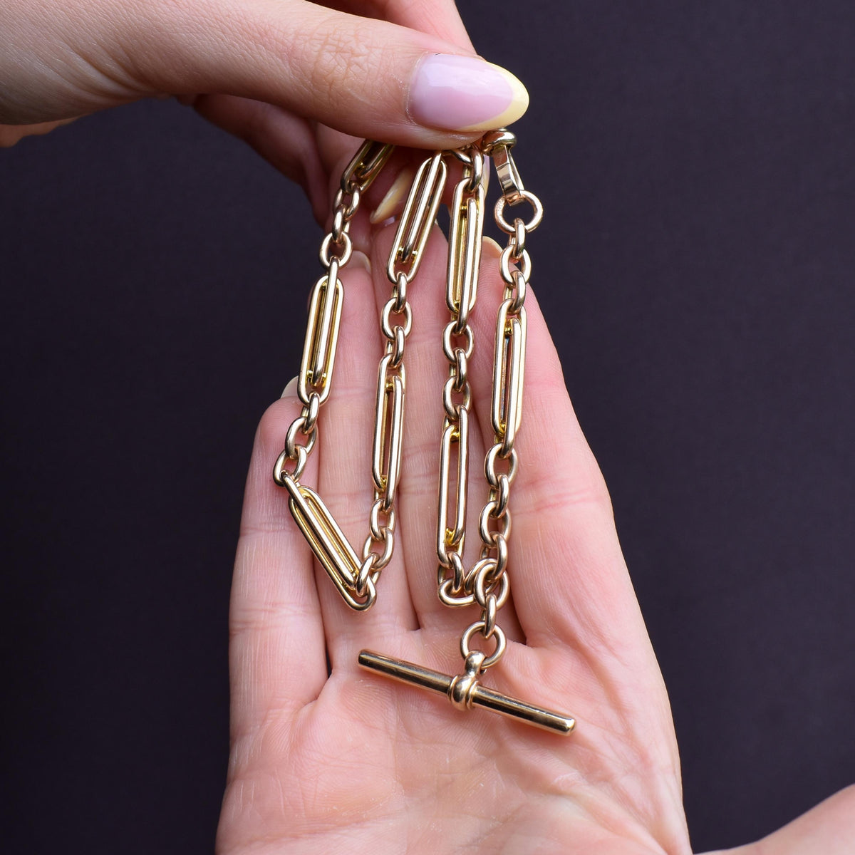 Vintage 10ct Yellow Gold Trombone and Oval Link Albert Chain Necklace | 14.75"