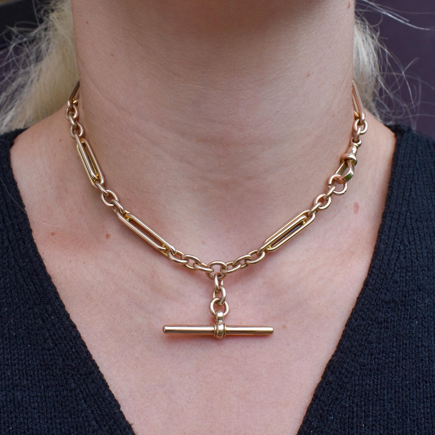 Vintage 10ct Yellow Gold Trombone and Oval Link Albert Chain Necklace | 14.75"