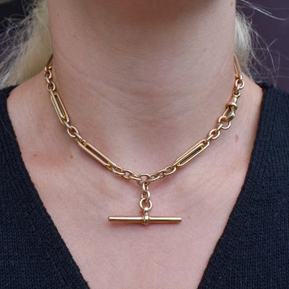 Vintage 10ct Yellow Gold Trombone and Oval Link Albert Chain Necklace | 14.75"