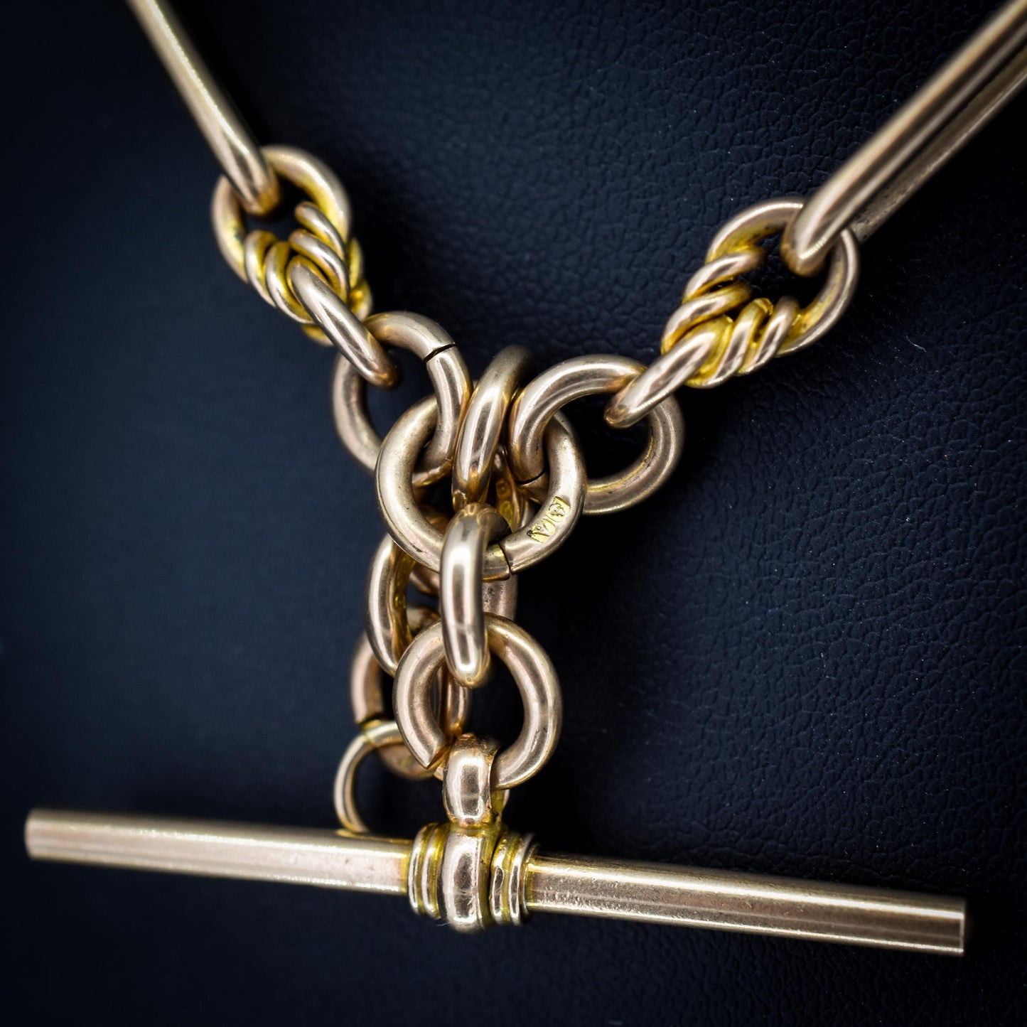 Antique '1925' 9ct Gold Trombone and Love Knot Link Albert Chain Necklace | 16"