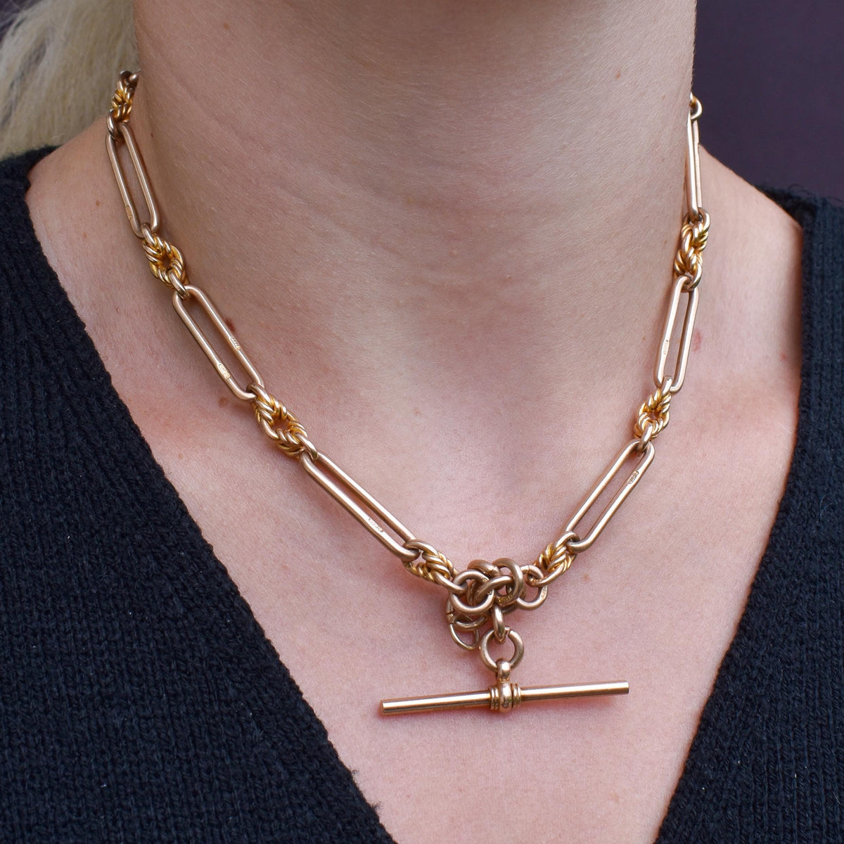 Antique '1925' 9ct Gold Trombone and Love Knot Link Albert Chain Necklace | 16"