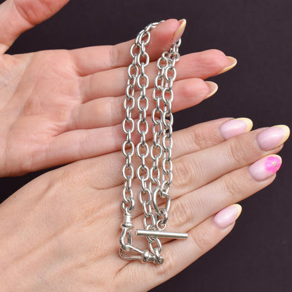Vintage Sterling Silver Oval Cable Link Watch Chain Necklace with T-Bar and Dog Clips – 18"
