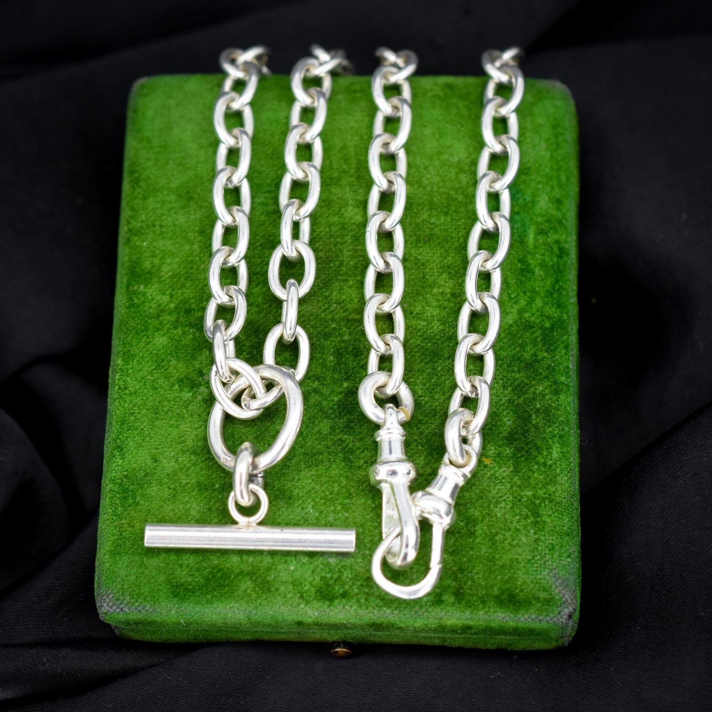 Vintage Sterling Silver Oval Cable Link Watch Chain Necklace with T-Bar and Dog Clips – 18"