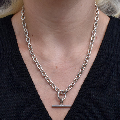 Vintage Sterling Silver Oval Cable Link Watch Chain Necklace with T-Bar and Dog Clips – 18"