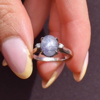 Star Sapphire and Diamond Silver Ring | Vintage Style