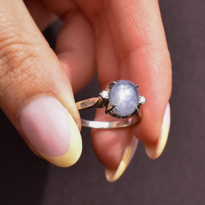 Star Sapphire and Diamond Silver Ring | Vintage Style