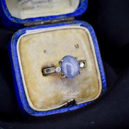 Star Sapphire and Diamond Silver Ring | Vintage Style
