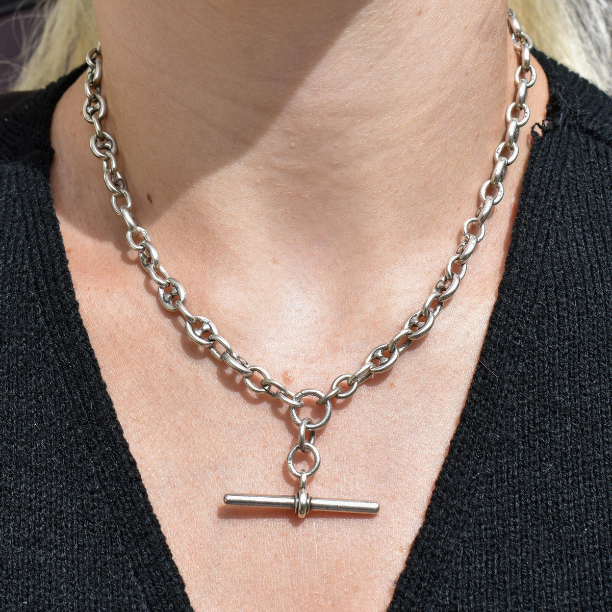 Antique 16.25" Sterling Silver Mariner Anchor Link Watch Chain Necklace