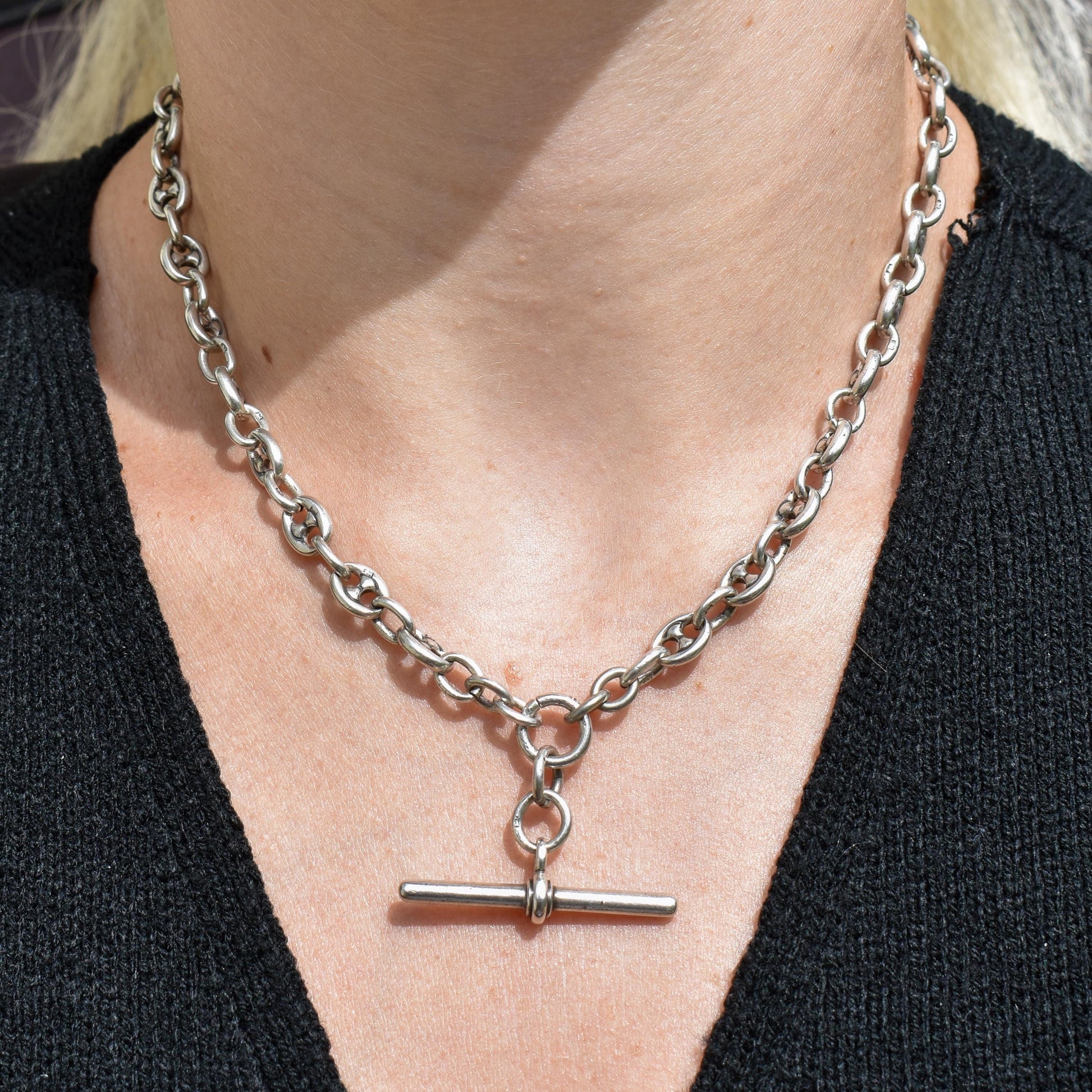 Antique 16.25" Sterling Silver Mariner Anchor Link Watch Chain Necklace