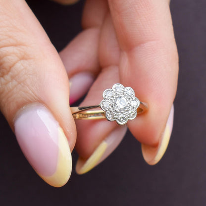 Antique Diamond Cluster Daisy 18ct Yellow Gold and Platinum Ring
