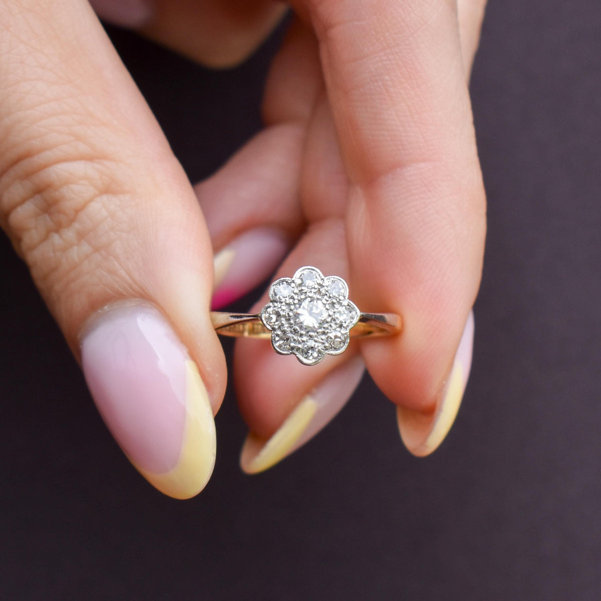 Antique Diamond Cluster Daisy 18ct Yellow Gold and Platinum Ring