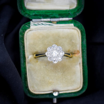 Antique Diamond Cluster Daisy 18ct Yellow Gold and Platinum Ring