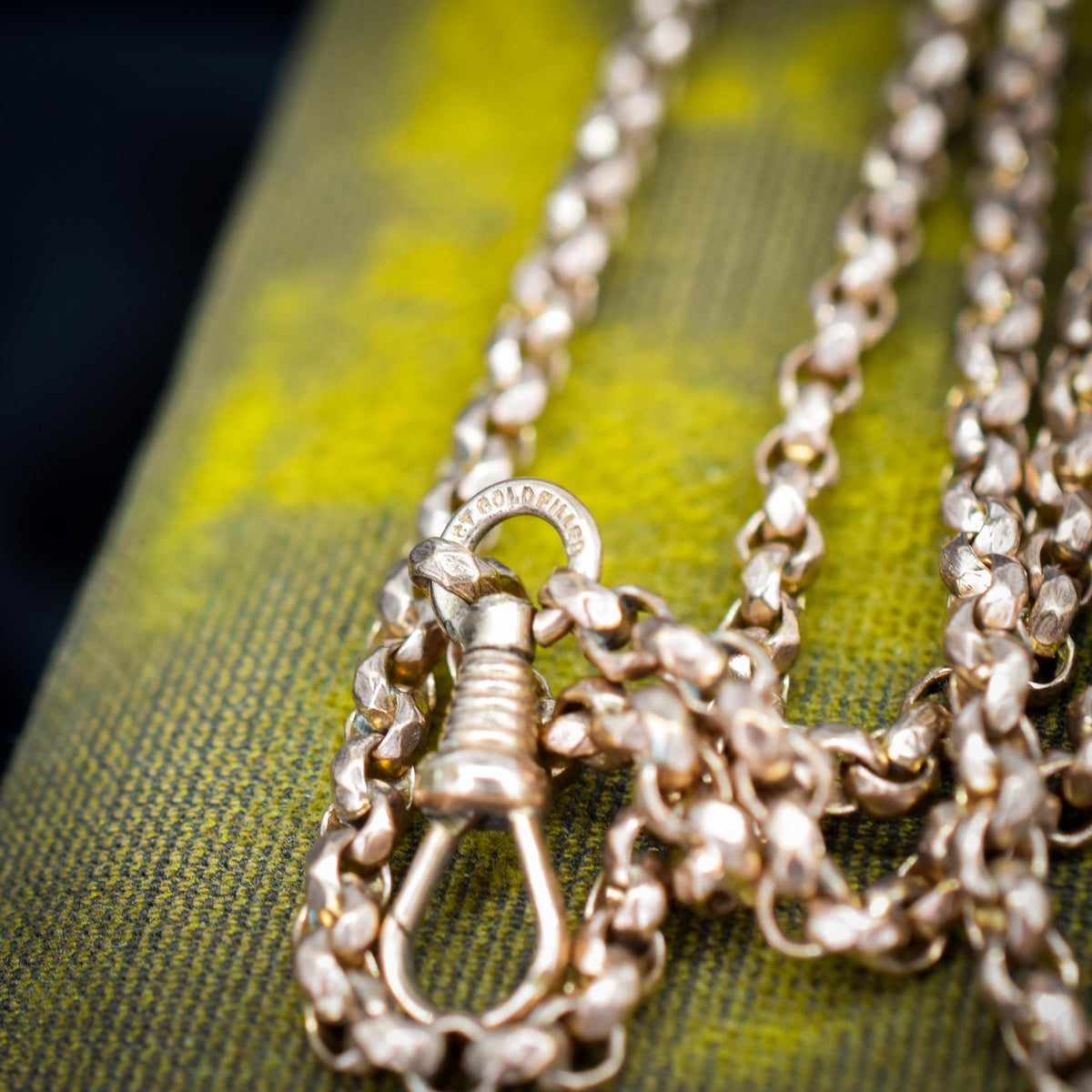 Antique Gold Filled Faceted Belcher Link Muff Guard Chain Necklace With Dog Clip | 54"