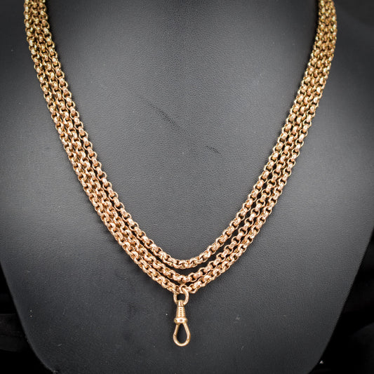 Antique Gold Filled Faceted Belcher Link Muff Guard Chain Necklace With Dog Clip | 54"
